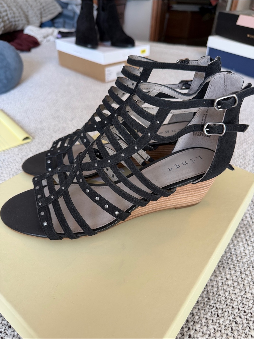 hinge Black Strappy Studded Wedge Sandals
